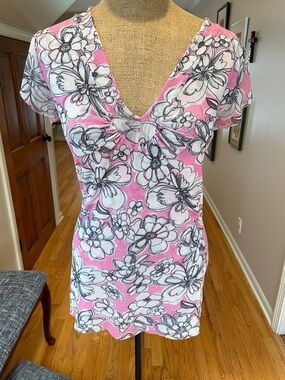 Pink Floral V-Neck Cap SleeveTop